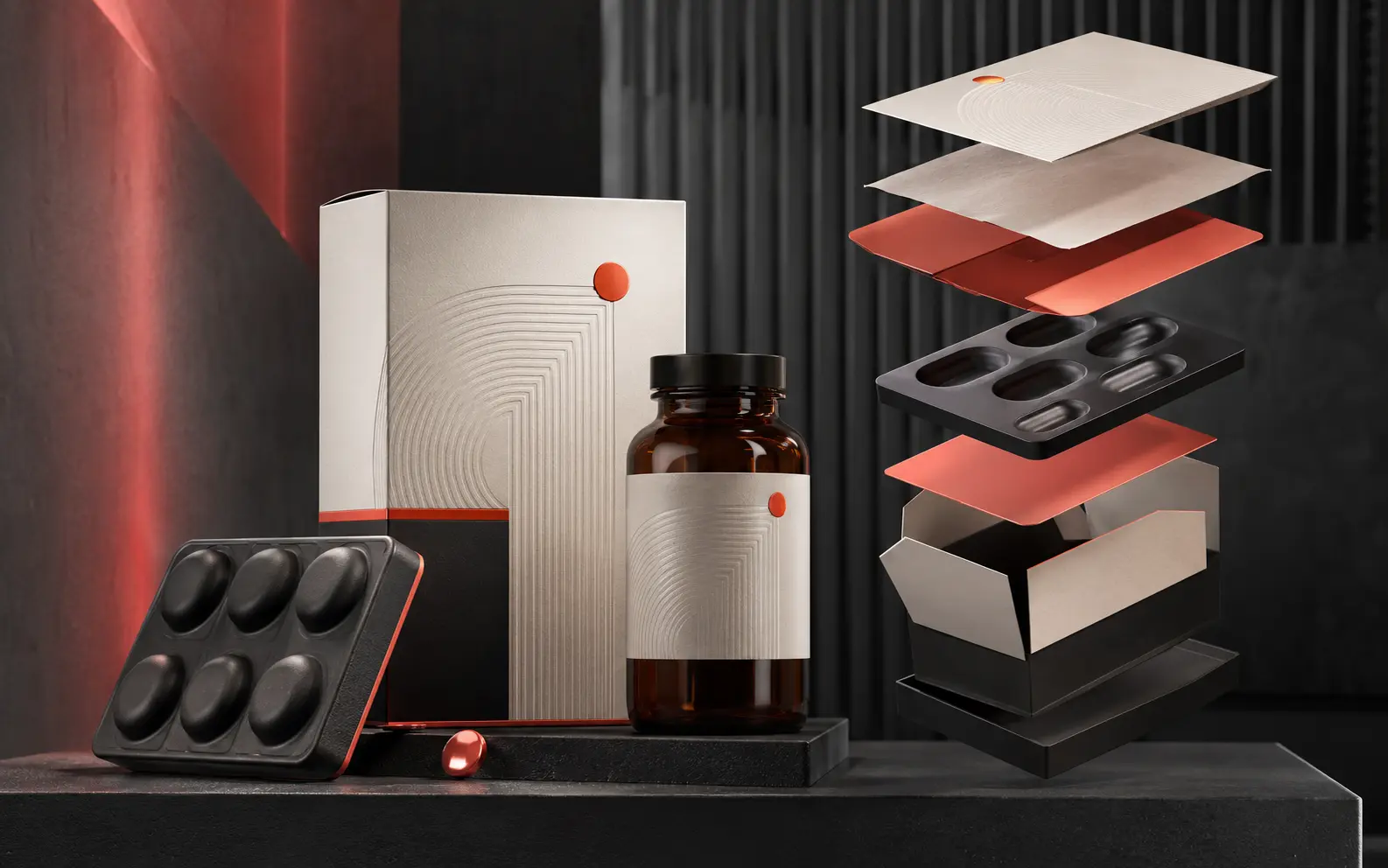 Mockup 3D di confezione healthcare con struttura esplosa e flacone