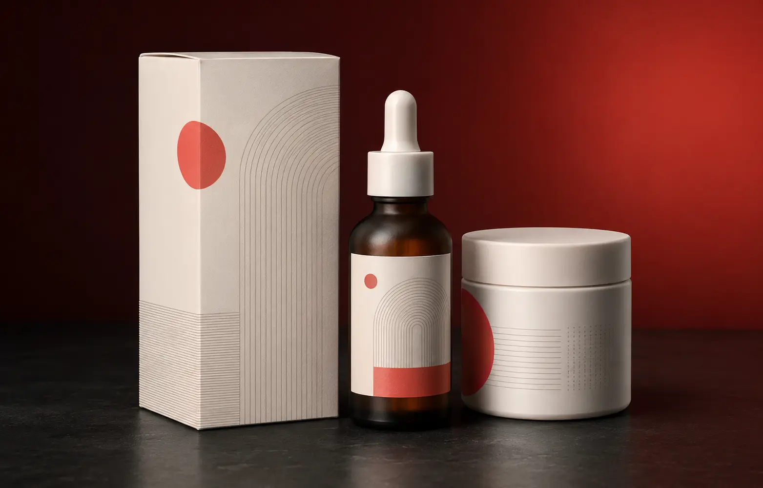 Sistema coordinato di packaging healthcare con confezione, flacone e vasetto