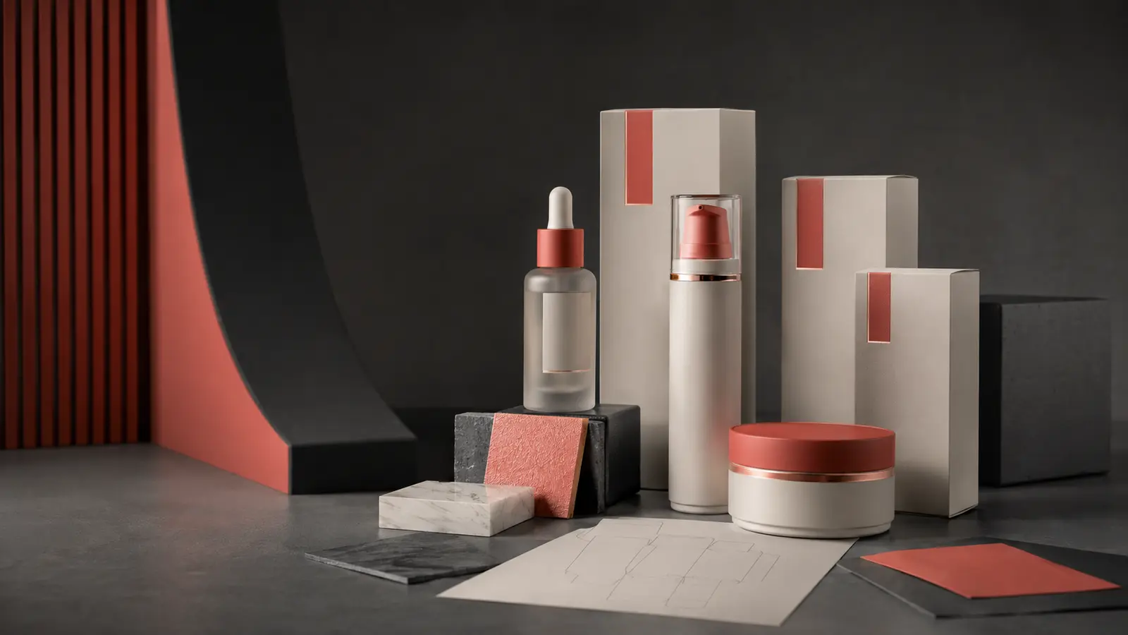 Linea coordinata di packaging cosmetico con flacone, vasetto, astucci e materiali