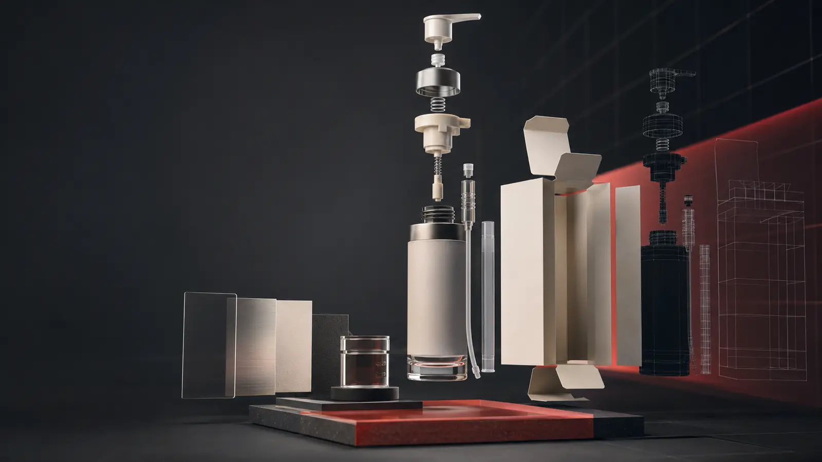 Visualizzazione 3D esplosa di un flacone, componenti, materiali e packaging
