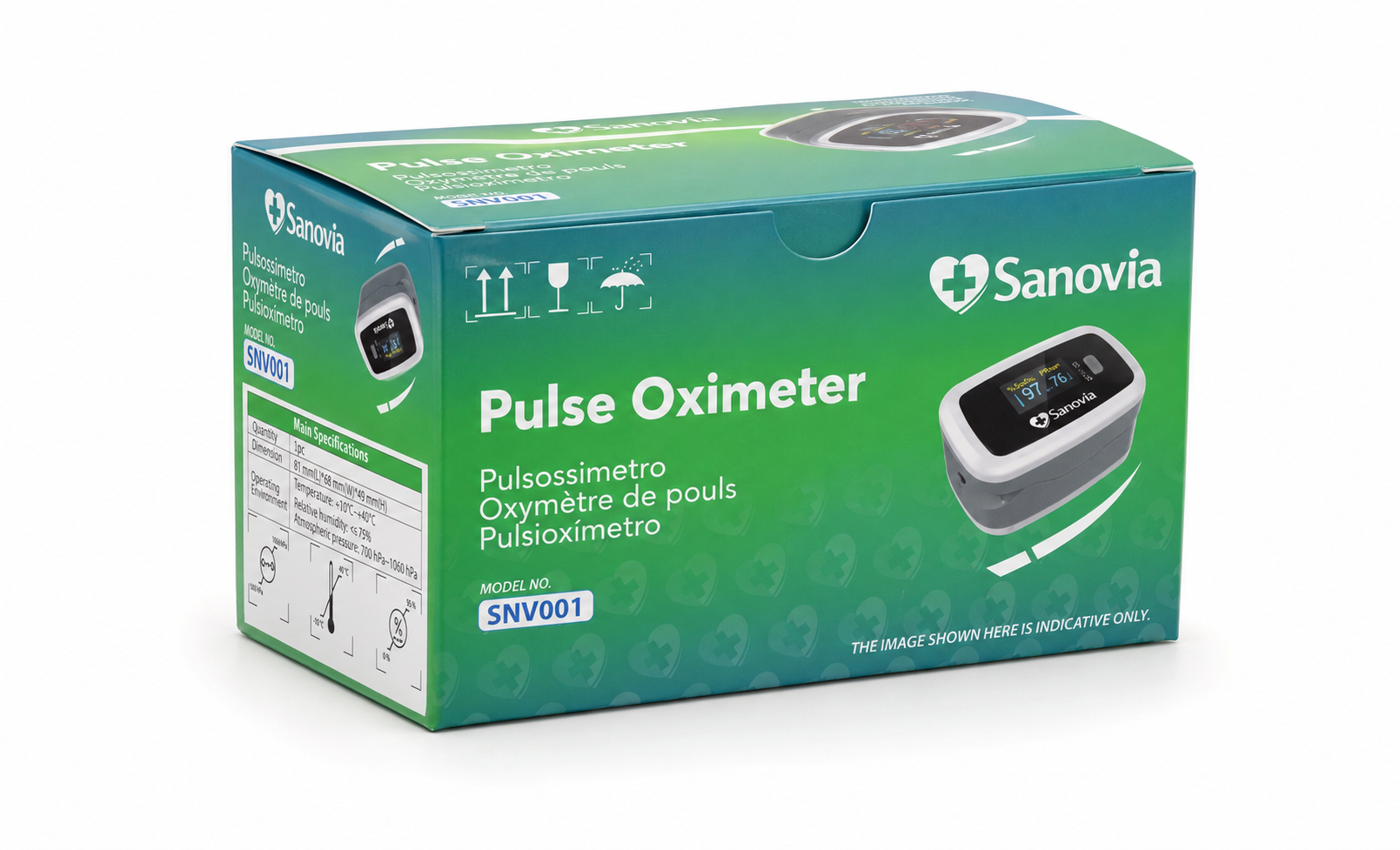 Packaging Sanovia, vista laterale con informazioni tecniche