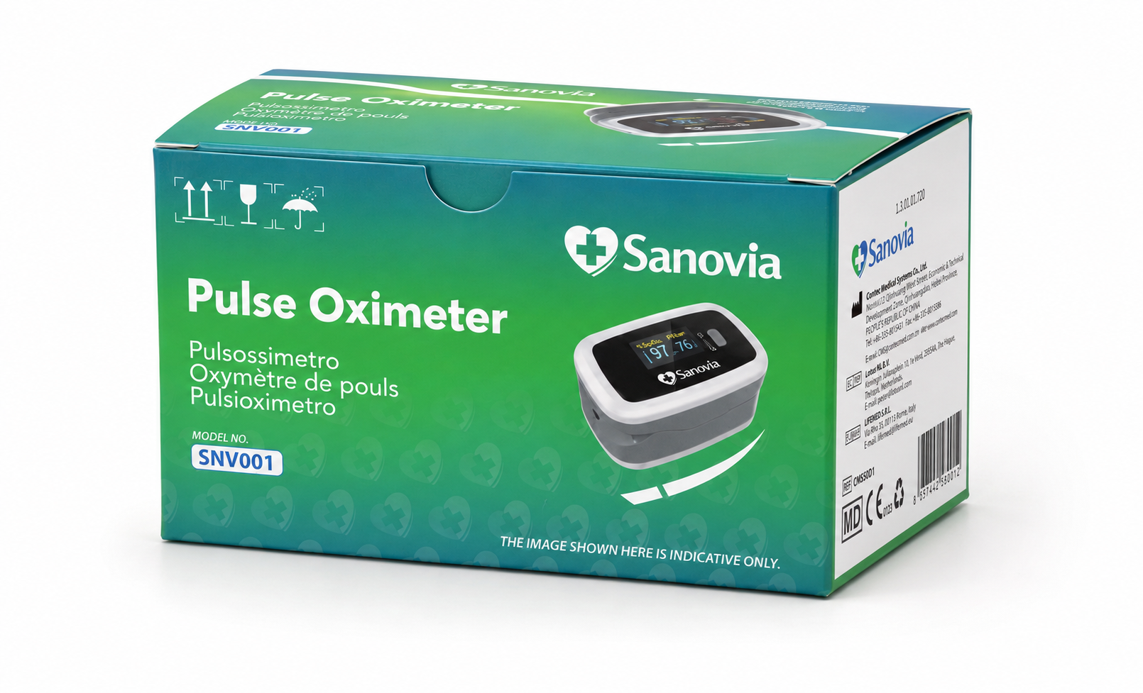 Packaging del pulsossimetro Sanovia, vista frontale