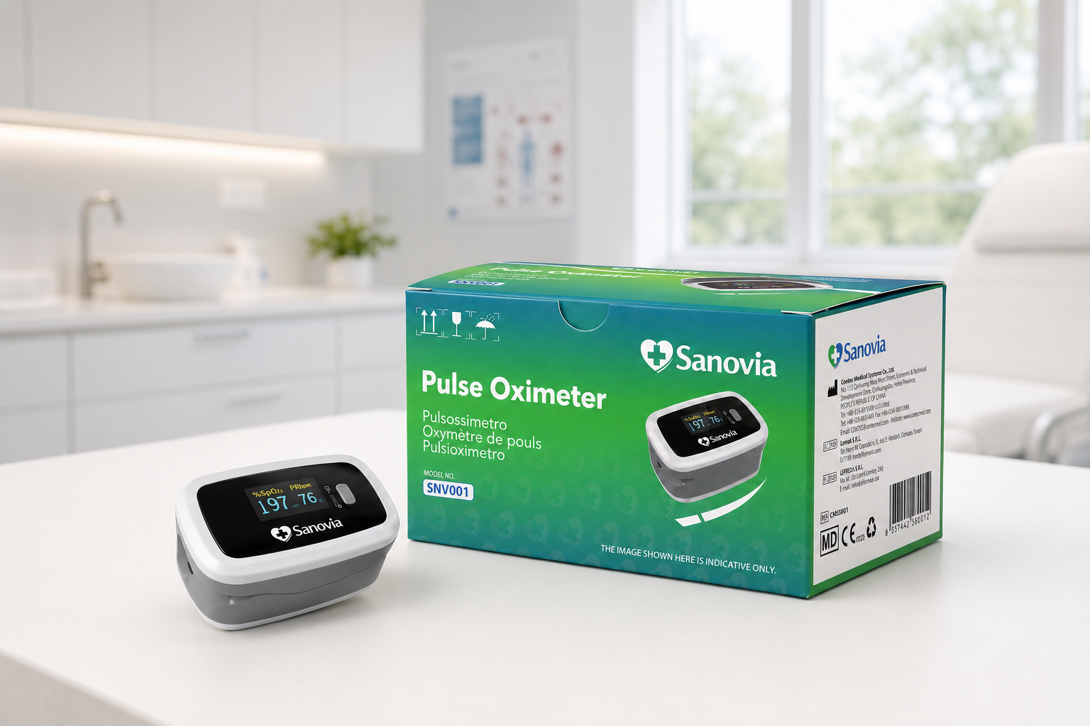 Pulsossimetro Sanovia con packaging in ambiente sanitario