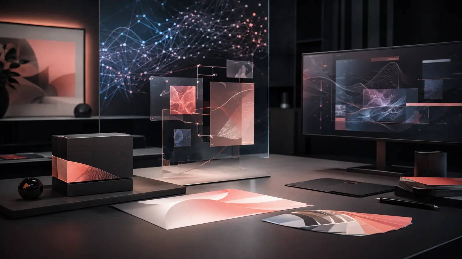 Studio creativo con packaging, interfacce digitali e visual generativi per la trasparenza AI Act