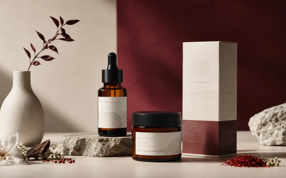 Packaging cosmetico premium con flacone, vasetto e astuccio per l’aggiornamento degli allergeni in etichetta