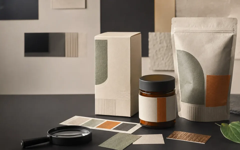 Packaging sostenibile con etichette e campioni colore per la verifica dei green claim