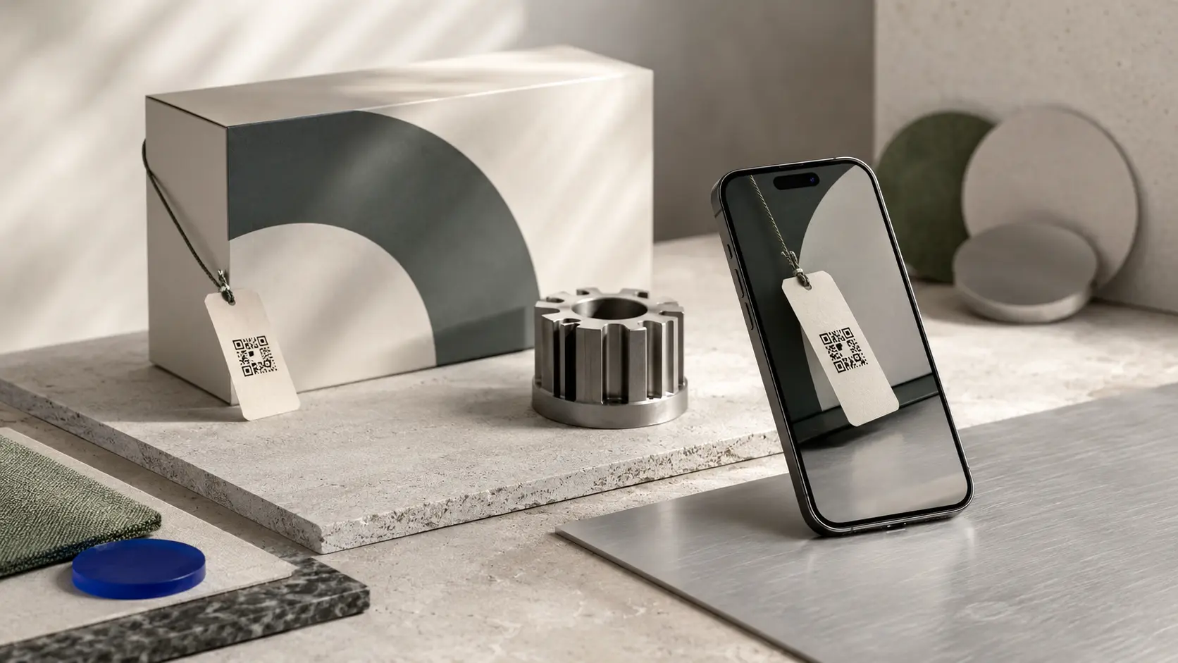 Packaging e componente industriale con Passaporto Digitale di Prodotto scansionato da smartphone
