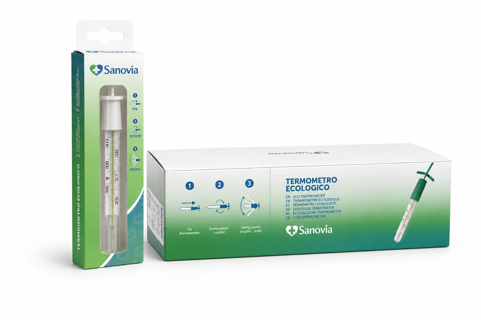 Packaging singolo Sanovia e confezione multipla da dodici termometri