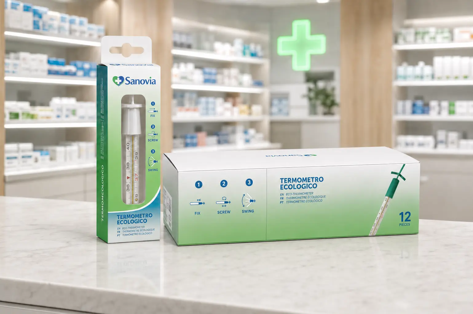 Packaging singolo e confezione multipla Sanovia ambientati in farmacia