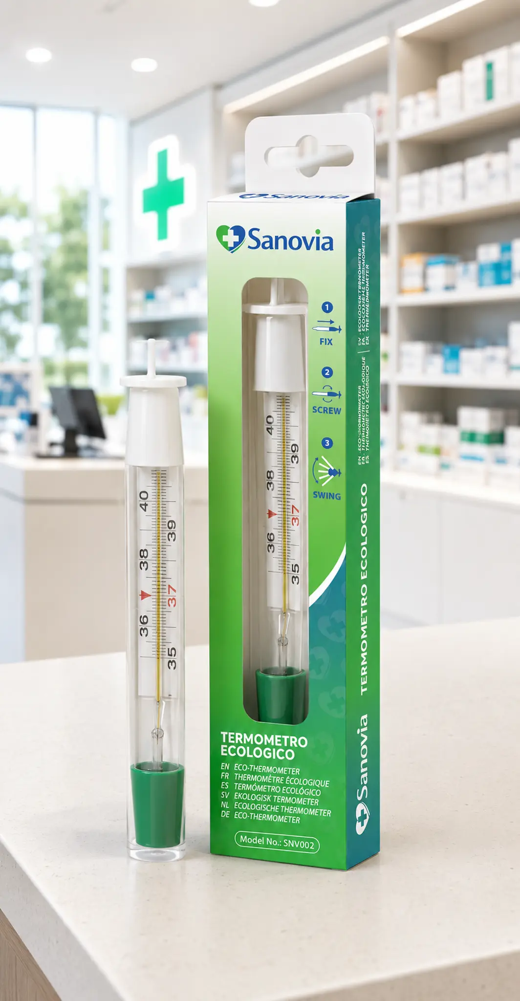 Termometro ecologico Sanovia con packaging ambientato in farmacia