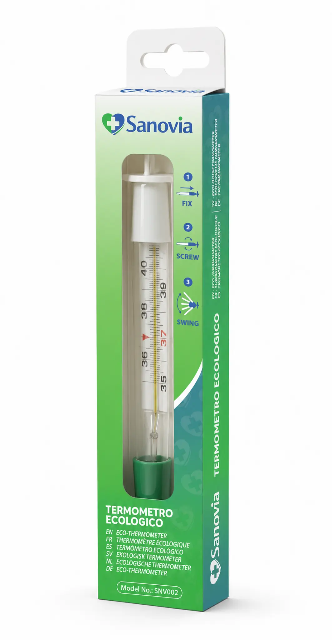 Packaging Sanovia del termometro ecologico, vista frontale