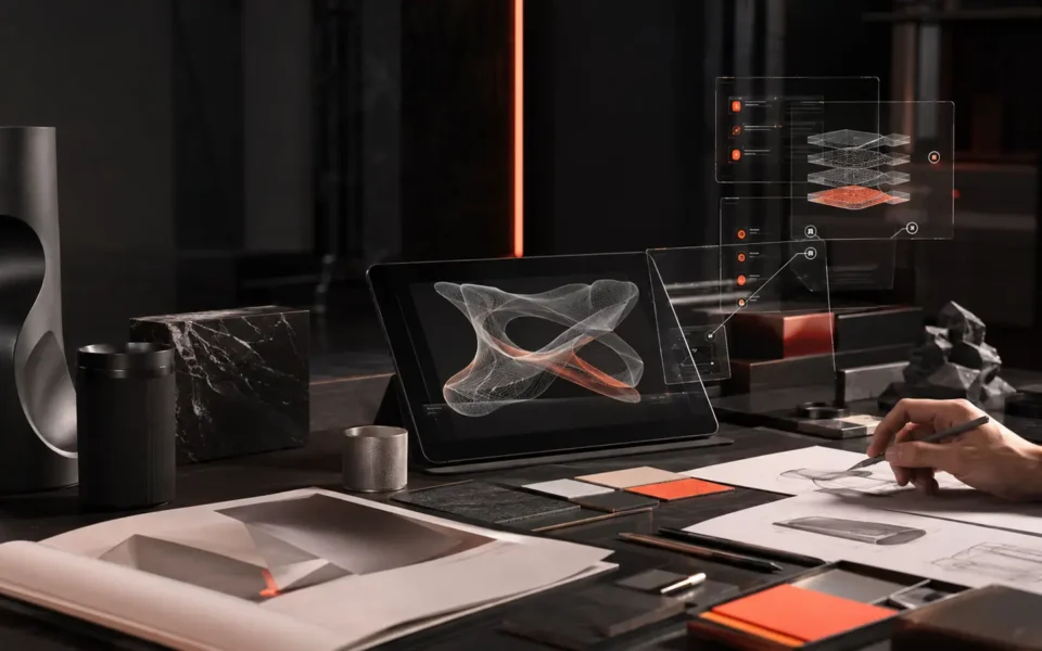 Designer utilizza strumenti di intelligenza artificiale con livelli digitali trasparenti