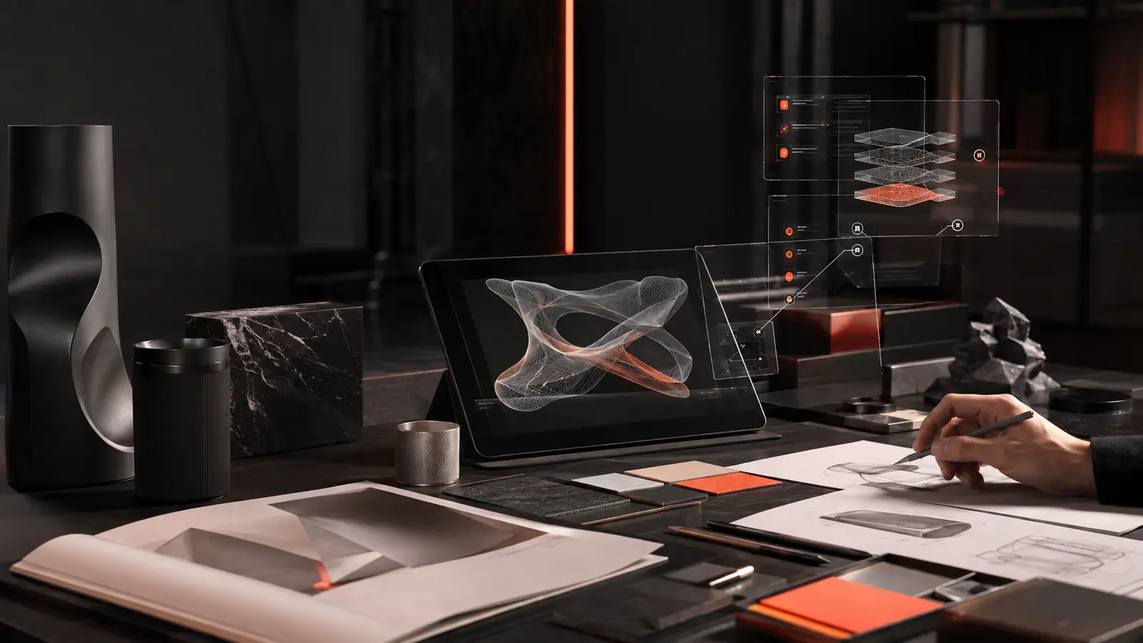 Designer utilizza strumenti di intelligenza artificiale con livelli digitali trasparenti