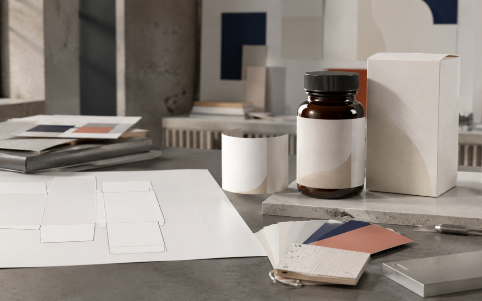 Mockup 3D di flacone e astuccio per integratori durante la validazione grafica