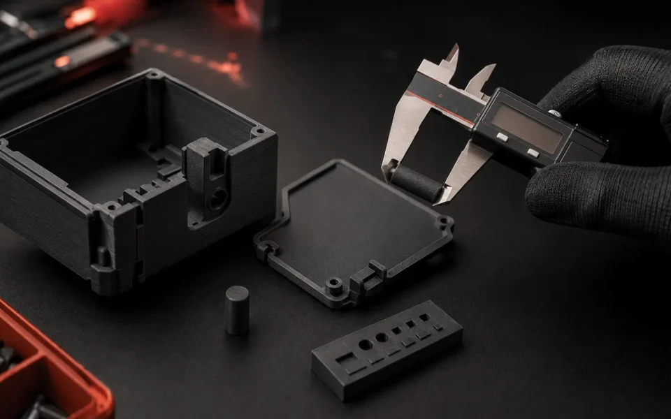 Controllo dimensionale con calibro di componenti tecnici stampati in 3D FDM