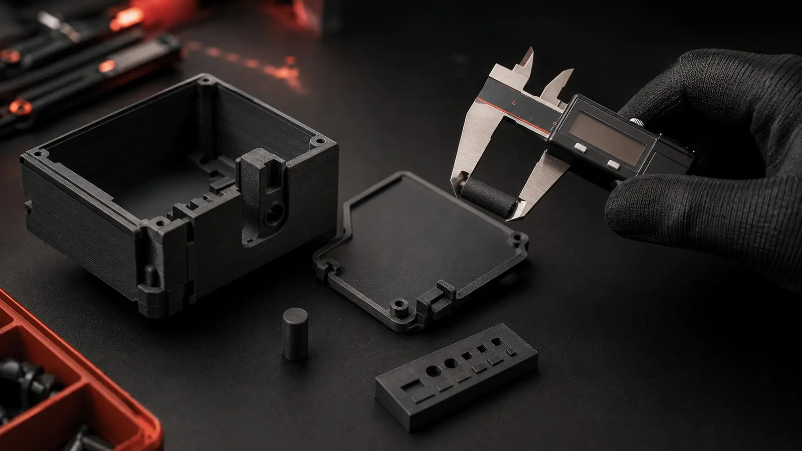 Controllo dimensionale con calibro di componenti tecnici stampati in 3D FDM